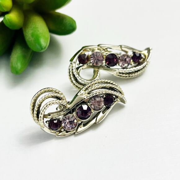 Coro Vintage Purple Crystal Pea Pod Clip Earrings - Picture 1 of 6